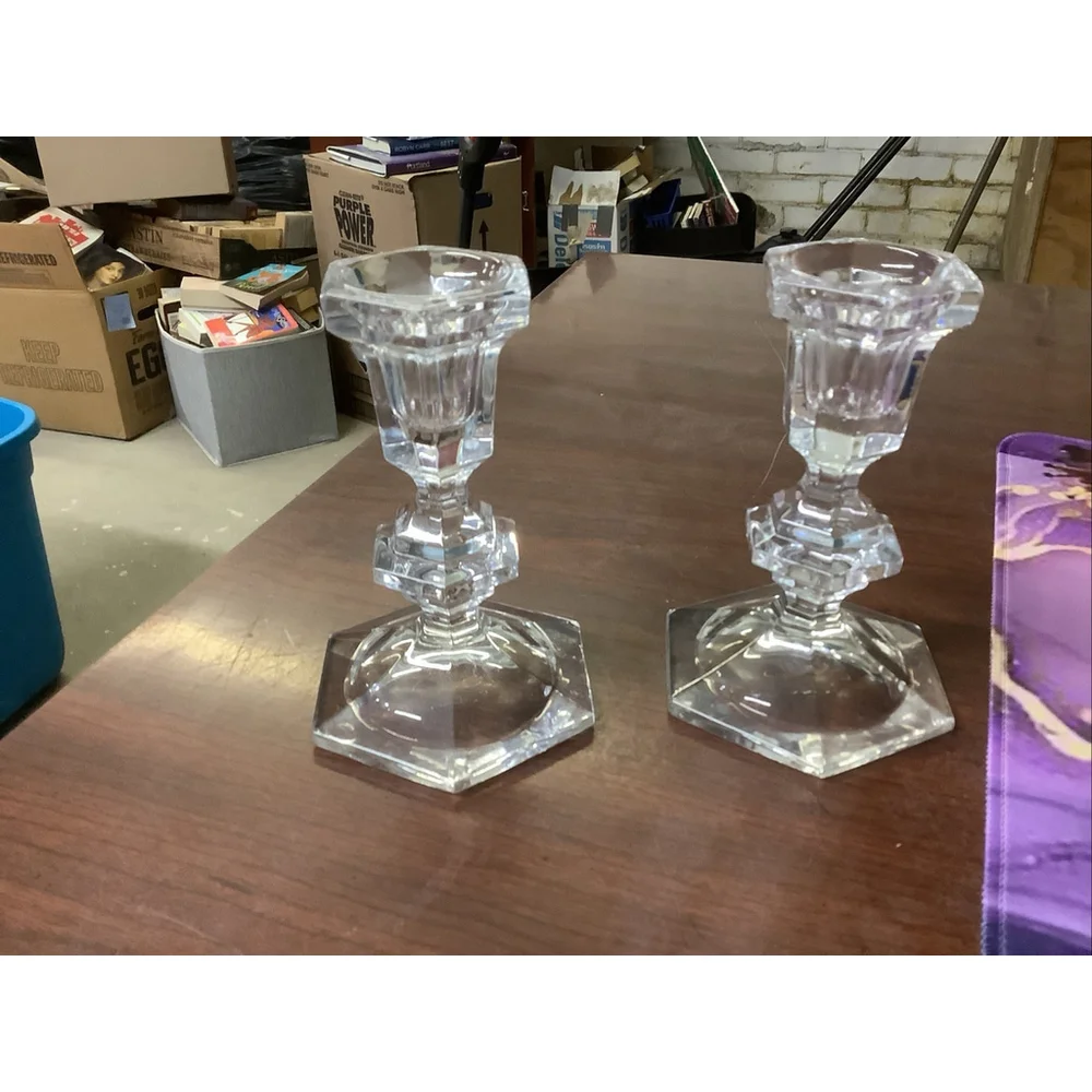 Golden Crown 24% Lead Crystal Set of 2 Candle Holders E & R Western Germany